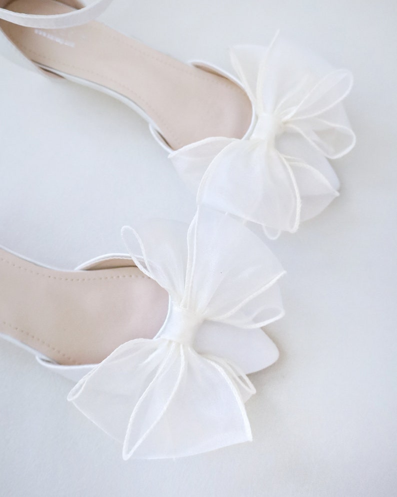Ivory Satin Pointy Toe Low Heels with Layered Organza Bow, Fall Wedding Shoes, Bridal Shoes, Bridal Low Heels, Kitten Heels image 4