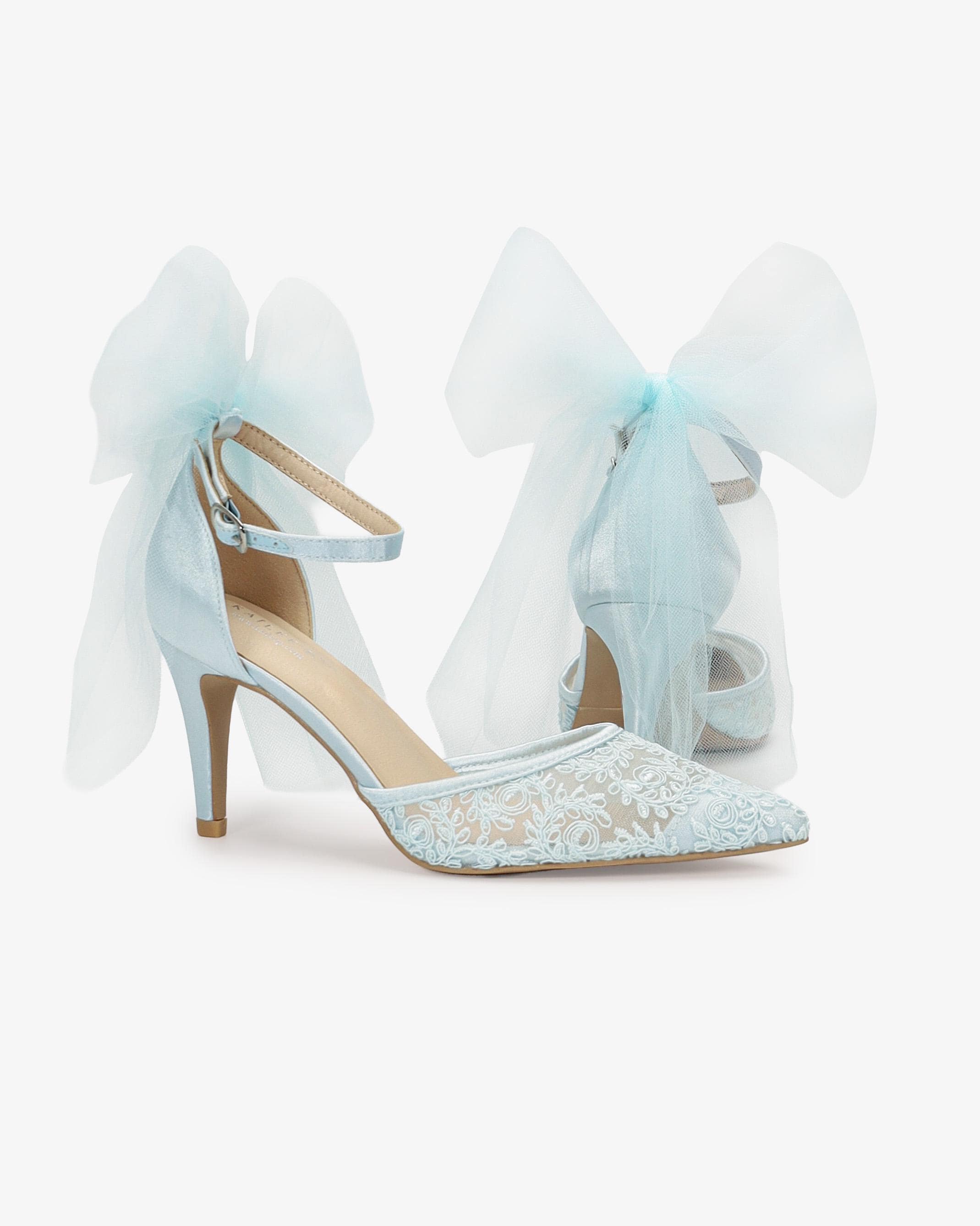 Light Blue Crochet Lace Pointy Toe Heels With Tulle Back Bow