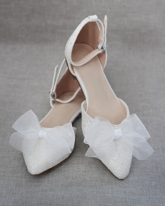 Wedding Shoes Bridal Shoes Bride Shoes White Rock Glitter Pointy Toe Flats with satin ANKLE TIE or BALLERINA Lace Up Bridesmaids Shoes