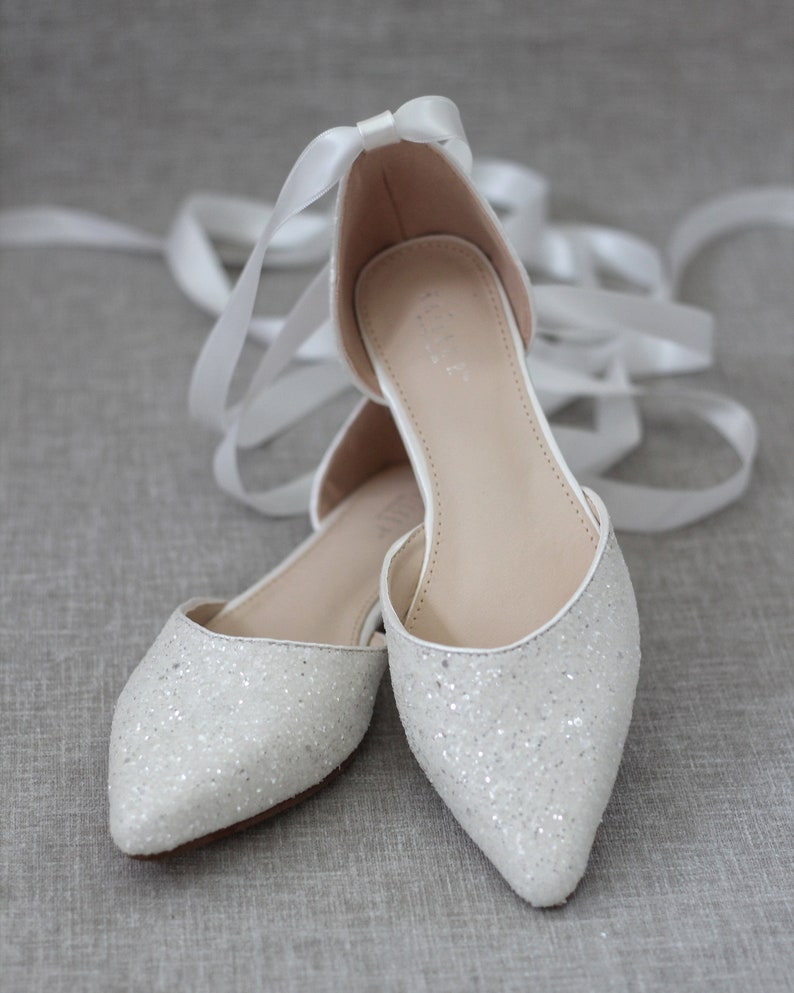 Wedding Shoes Bridal Shoes Bride Shoes White Rock Glitter Pointy Toe Flats with satin ANKLE TIE or BALLERINA Lace Up Bridesmaids Shoes