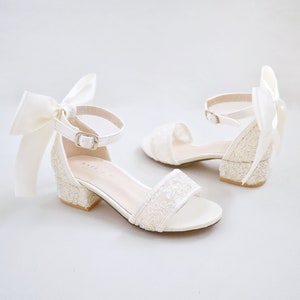 Ivory Crochet Lace Low Block Heel Girls Sandals with Satin Back Bow, Flower Girls Sandals, Birthday Shoes, Baptism Shoes image 3
