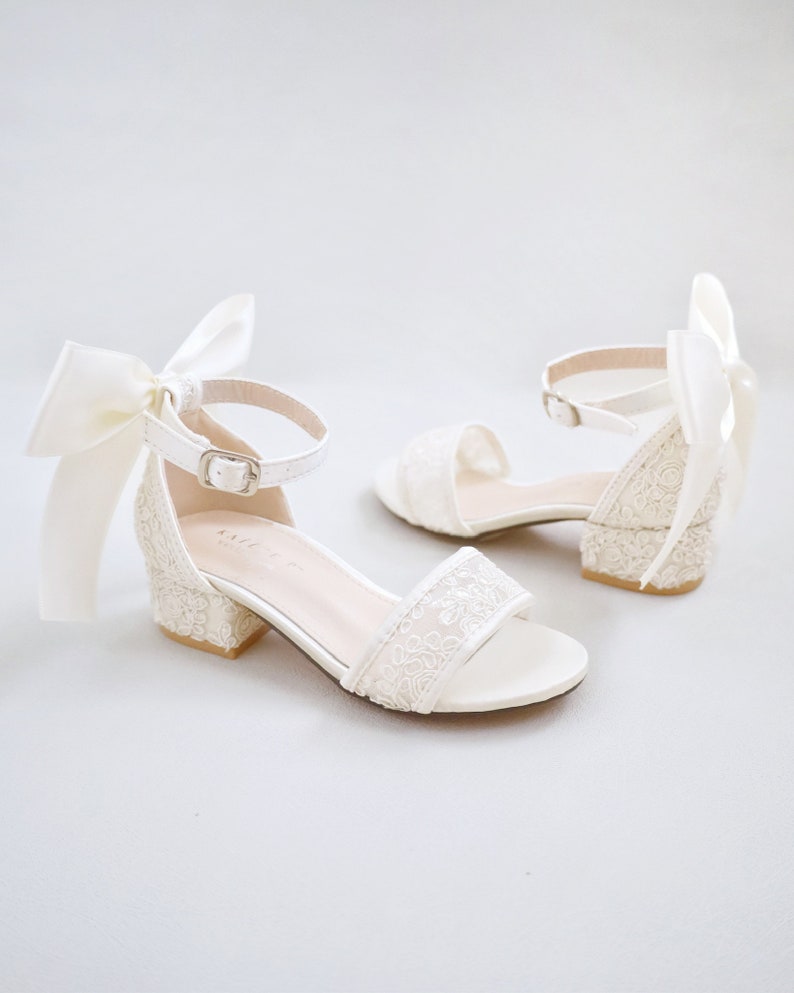 Ivory Crochet Lace Low Block Heel Girls Sandals with Satin Back Bow, Flower Girls Sandals, Birthday Shoes, Baptism Shoes image 3