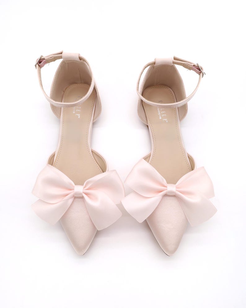 Dusty Pink Satin Pointy Toe Flats With Front Satin Bow, Women Wedding ...