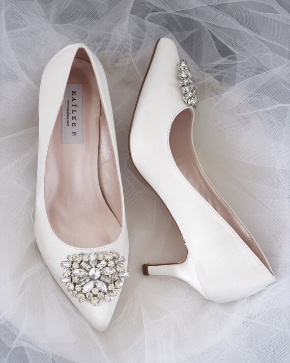 white satin pointed toe heels