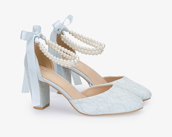 Light Blue Lace Block Heel with Double Pearls Ankle Strap, Women Wedding Shoes, Bridal Shoes, Bridal Heels, Something Blue Shoes