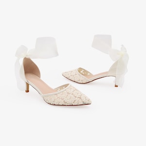 Ivory Crochet Lace Pointy Toe Wedding Low Heels with Wrapped Ankle Tie, Bridal Shoes, Bridal Low Heels, Kitten Heels image 8