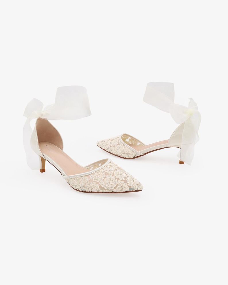 Ivory Crochet Lace Pointy Toe Wedding Low Heels with Wrapped Ankle Tie, Bridal Shoes, Bridal Low Heels, Kitten Heels image 8