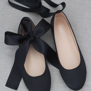 Women Shoes Black Satin Flats with Satin Ankle Tie or Ballerina Lace Up Bridesmaids Shoes, Fall Wedding Flats, Holiday Shoes image 1