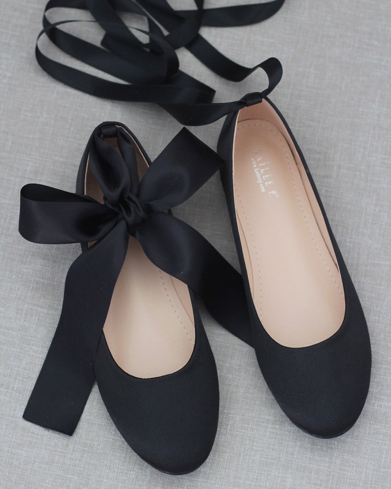 Women Shoes Black Satin Flats with Satin Ankle Tie or Ballerina Lace Up Bridesmaids Shoes, Fall Wedding Flats, Holiday Shoes image 1