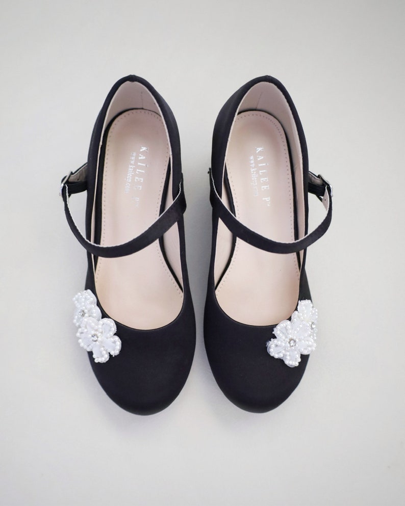 Black Satin Mary Jane Girls Block Heel With All Pearls Chassia Flowers ...
