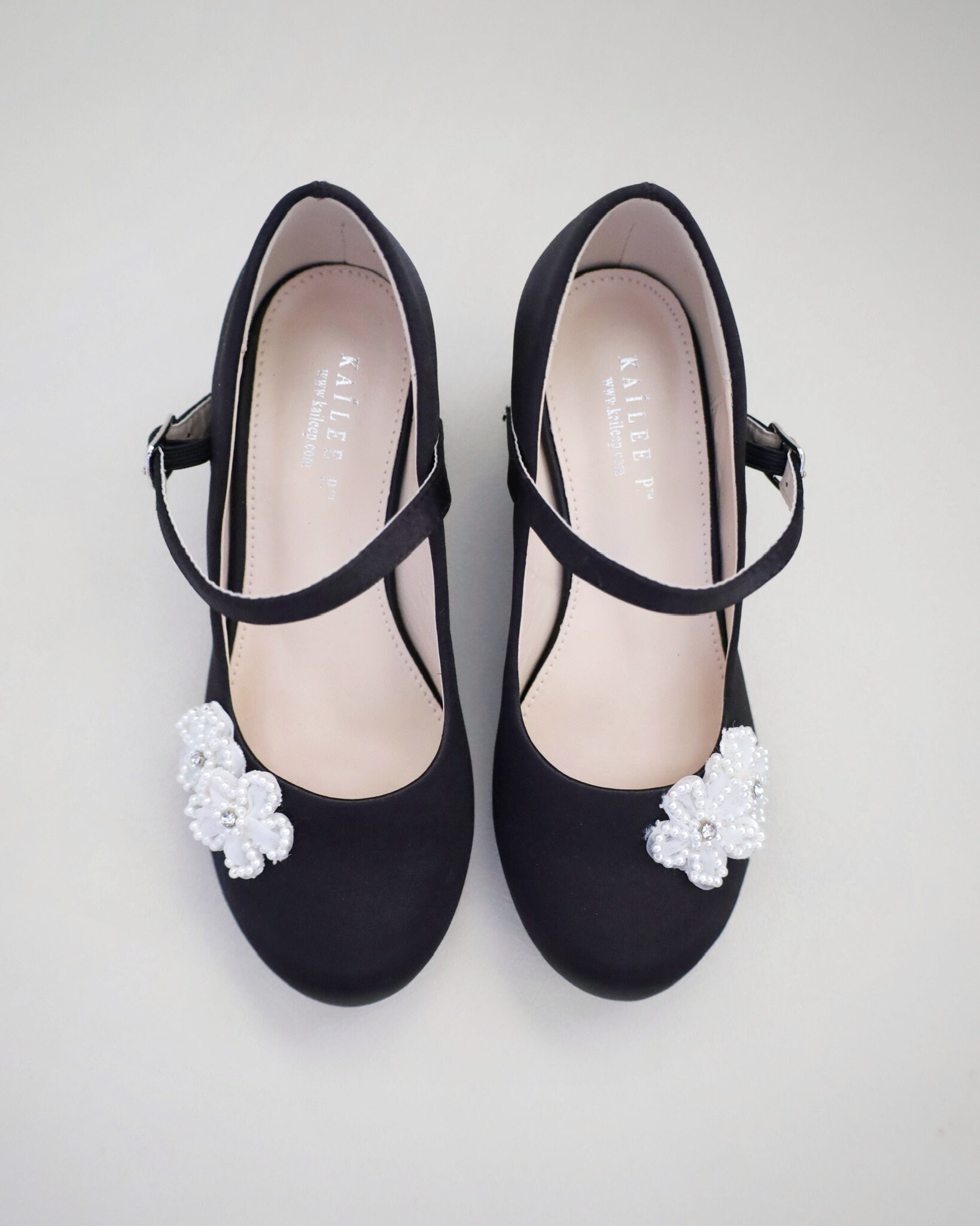 Black Satin Mary Jane Girls Block Heel With All Pearls Chassia Flowers ...