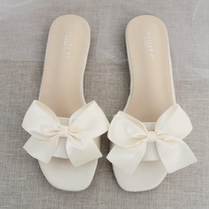 IVORY SATIN Slide Flat Sandals with Satin Bow - Bridal Sandals, Bridesmaids Sandals, Wedding Sandals