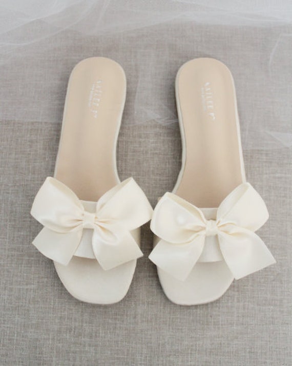 IVORY SATIN Slide Flat Sandals With Satin Bow Bridal | Etsy