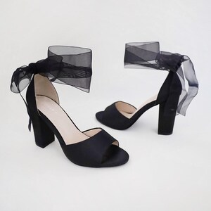 Black Satin Block Heel Evening Sandals with Wrapped Ribbon Tie - Women Party Shoes, Evening Shoes, Bridesmaids Heels image 7