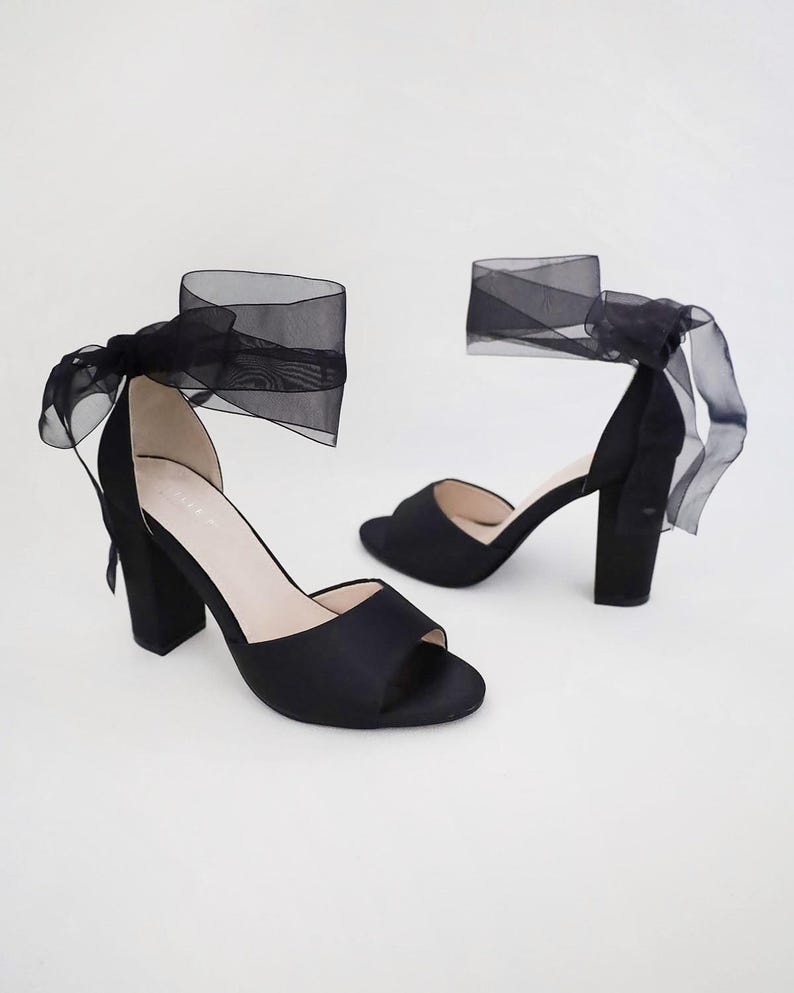 Black Satin Block Heel Evening Sandals with Wrapped Ribbon Tie - Women Party Shoes, Evening Shoes, Bridesmaids Heels image 7