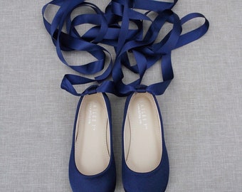 Kids Shoes | Navy Satin Ballerina Lace Up Flats  - Satin flower girls shoes, Navy Fall Shoes, Holiday Shoes, Jr. Bridesmaids Shoes