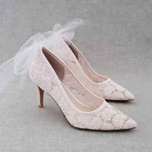 Dusty Pink Crochet Lace Pointy toe PUMPS with Back TULLE Bow - Women Wedding Shoes, Bridesmaid Shoes, Bridal Shoes, Wedding Pump