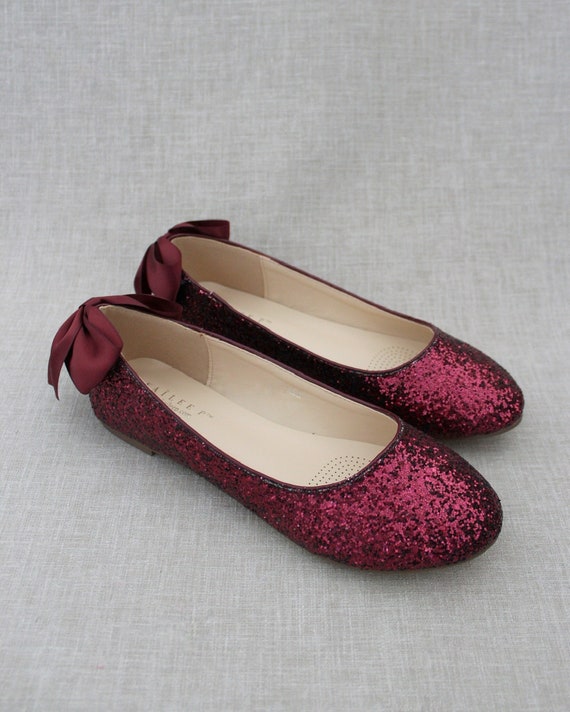 Burgundy Pointy Toe Glitter Flats, Prom Shoes, Bridesmaids Shoes 7