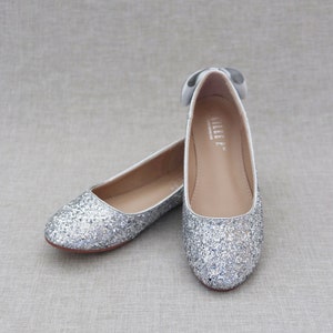 Silver Rock Glitter Flats With Back Satin Bow Bridal Shoes, Bridesmaids ...