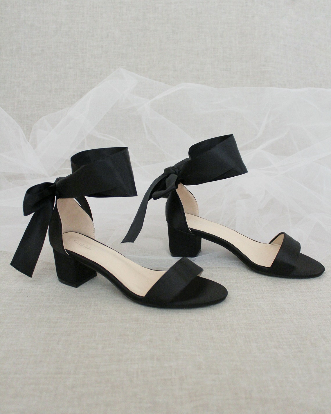 Black Satin Block Heel Sandal with WRAPPED SATIN TIE image 1