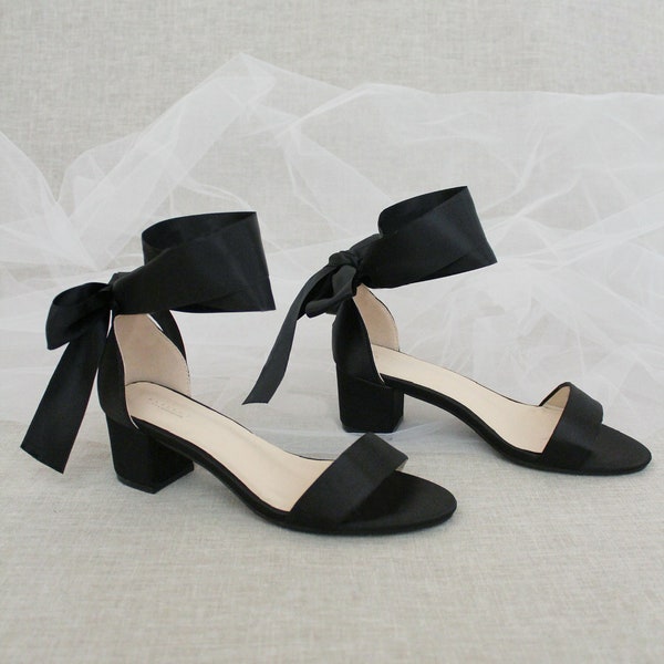 Black Satin Block Heel Sandal with WRAPPED SATIN TIE, Bridesmaid Shoes, Jr. Bridesmaids Shoes, Women Sandals, Holiday Shoes, Fall Wedding