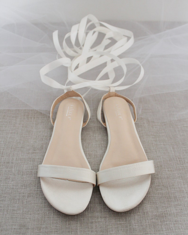 Ivory Satin Flat Sandal With Ballerina Lace Up Bridesmaid - Etsy