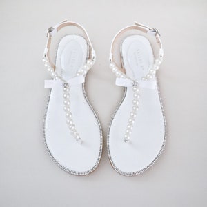 White T-Strap Pearls Wedding Flat Sandals with Bow, Bridal Sandals, Wedding Flat Sandals, Beach Pearl Sandals