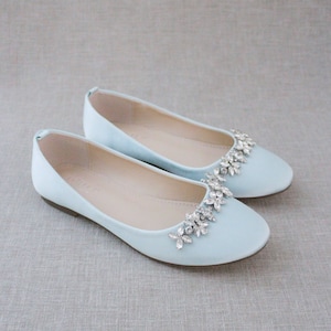 Light Blue Satin Round Toe Flats with FLORAL RHINESTONES - Classic Wedding Shoes, Bridal Shoes, Women Shoes, Something Blue