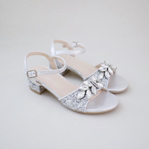 Silver Rock Glitter Block Heel Sandals with Butterfly Brooch, Girls Sandals, Flower Girls Shoes, Jr.Bridesmaid Shoes, Holiday Shoes