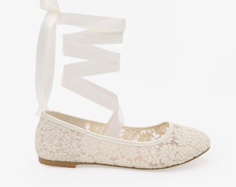 Ivory Lace round toe flats with BALLERINA lace up - Women Wedding Shoes, Bridesmaid Shoes