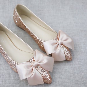 Rose Gold Rock Glitter Pointy Toe Flats with Oversized BLUSH SATIN BOW, Wedding Flats, Bridesmaid Shoes, Glitter Shoes, Holiday Shoes image 3