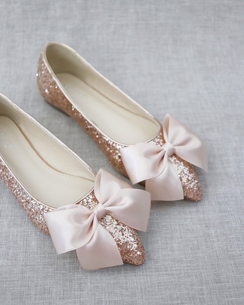 Rose Gold Rock Glitter Pointy Toe Flats with Oversized BLUSH SATIN BOW, Wedding Flats, Bridesmaid Shoes, Glitter Shoes, Holiday Shoes image 3