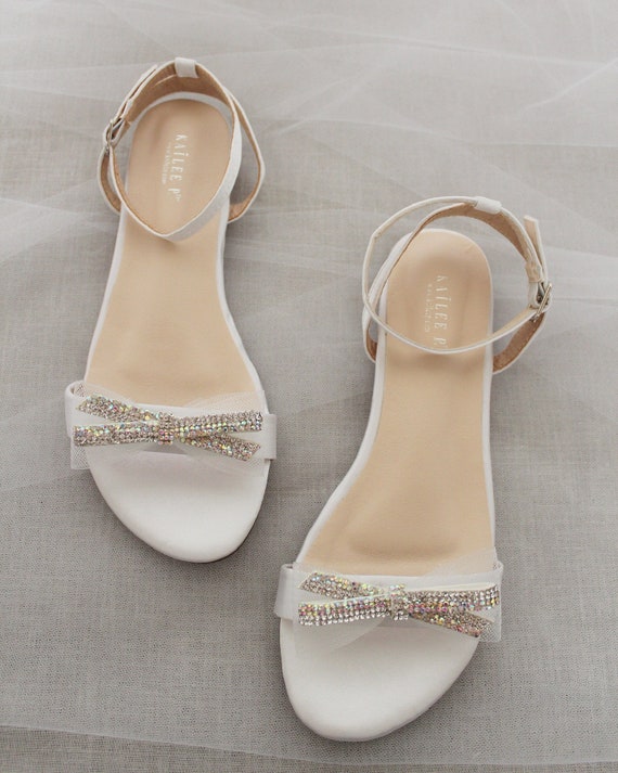 White Satin Flat Sandal With Mesh Mini RHINESTONES Bow, Bridesmaid