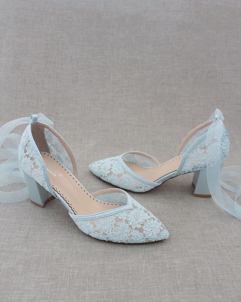Light Blue Crochet Lace Almond Toe Block Heels With Ballerina - Etsy