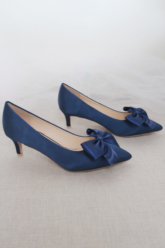 Navy Satin Pointy Toe Pump Low Heels With Satin Bow Fall - Etsy