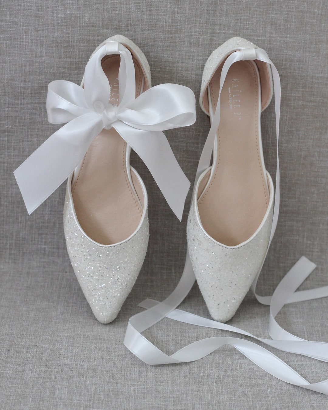 White Rock Glitter Pointy Toe Flats With Satin ANKLE TIE or BALLERINA ...