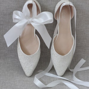 White Rock Glitter Pointy Toe Flats with satin ANKLE TIE or BALLERINA Lace Up, Wedding Shoes, Bride Shoes, Bridesmaids Shoes, Holiday Shoes