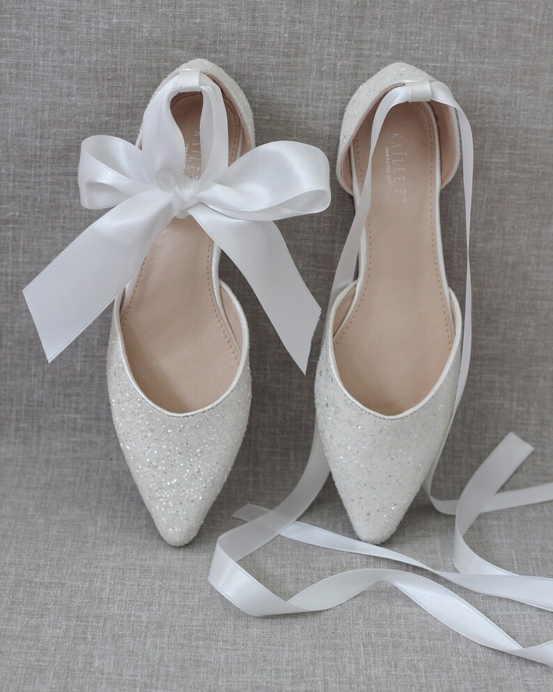 White Rock Glitter Pointy Toe Flats with satin ANKLE TIE or BALLERINA Lace Up, Wedding Shoes, Bride Shoes, Bridesmaids Shoes, Holiday Shoes 