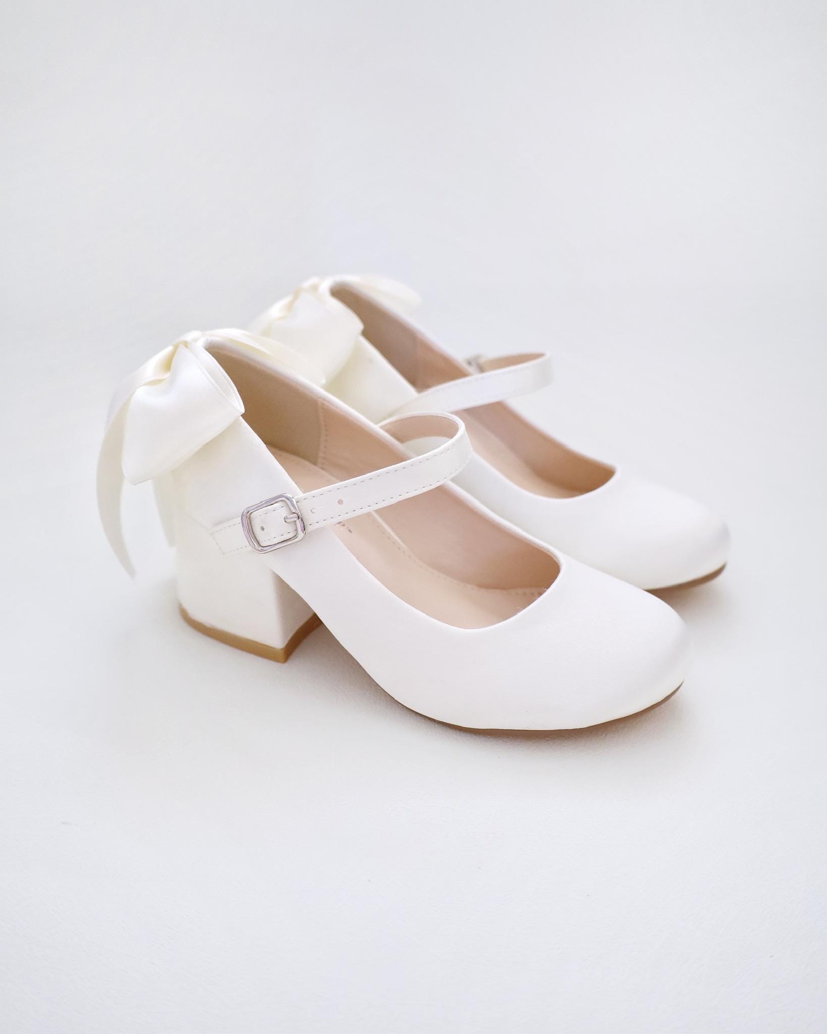 Ivory & White Satin Mary Jane Girls Block Heel With Back Satin Bow ...