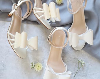 White & Ivory Satin Ankle Strap Low Heel Sandals with Front Tuxie Bow, Wedding Shoes, Bridesmaid Shoes, Women Sandals, Kitten Heels