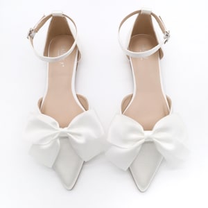 White Satin Pointy Toe Flats with Front Satin Bow, Wedding Shoes, Bride Shoes, Bridesmaids Shoes