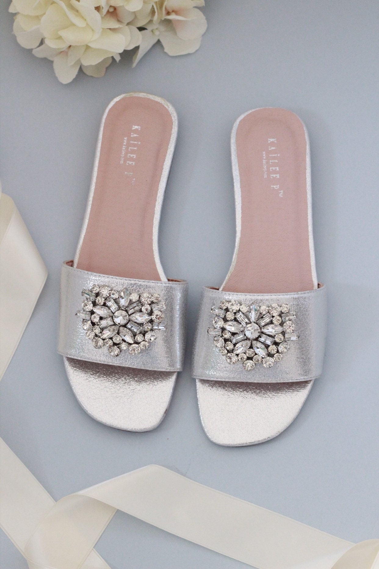 Silver Metallic Flat Sandals With BROOCH Women Wedding Flat | Etsy Ireland