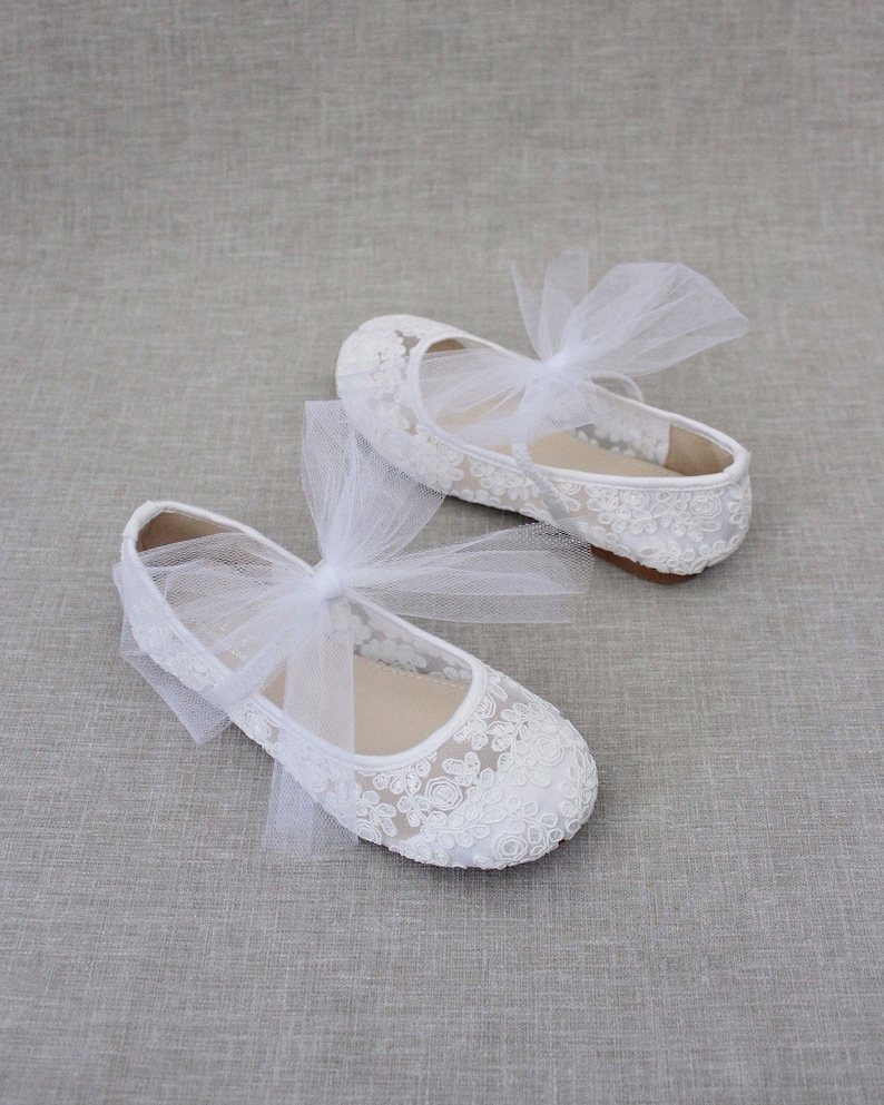 White Crochet Lace Maryjane Flats With TULLE BOW Flower - Etsy
