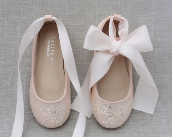 Dusty Pink rock glitter ballet flats with Satin Ankle Tie or Ballerina Lace Up - Flower girl shoes, Holiday Shoes, Infant and Toddler Shoes