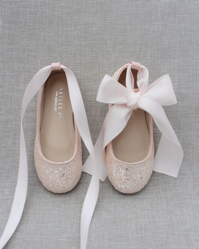 Infant and Toddler Shoes Flower girl shoes DUSTY PINK rock glitter ballet flats with Satin Ankle Tie or Ballerina Lace Up Girls Shoes