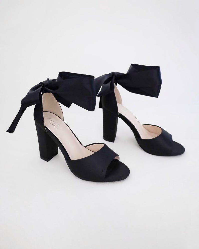 Black Satin Block Heel Evening Sandals with Wrapped Ribbon Tie - Women Party Shoes, Evening Shoes, Bridesmaids Heels WRAPPED SATIN TIE