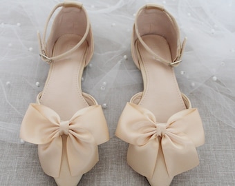 Champagne Satin Pointy Toe flats with Front Satin Bow, Fall Wedding Shoes, Bridesmaid Shoes, Bridal Flats