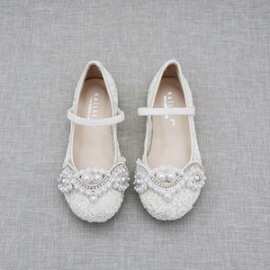 Ivory Crochet Lace Mary Jane Flats with Small Pearls Applique - For flower girls, baptism shoes, christening shoes