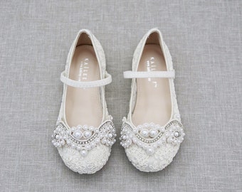 Ivory Crochet Lace Mary Jane Flats with Small Pearls Applique - For flower girls, baptism shoes, christening shoes