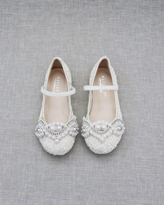 Ivory Crochet Lace Mary Jane Flats With Small Pearls Applique for